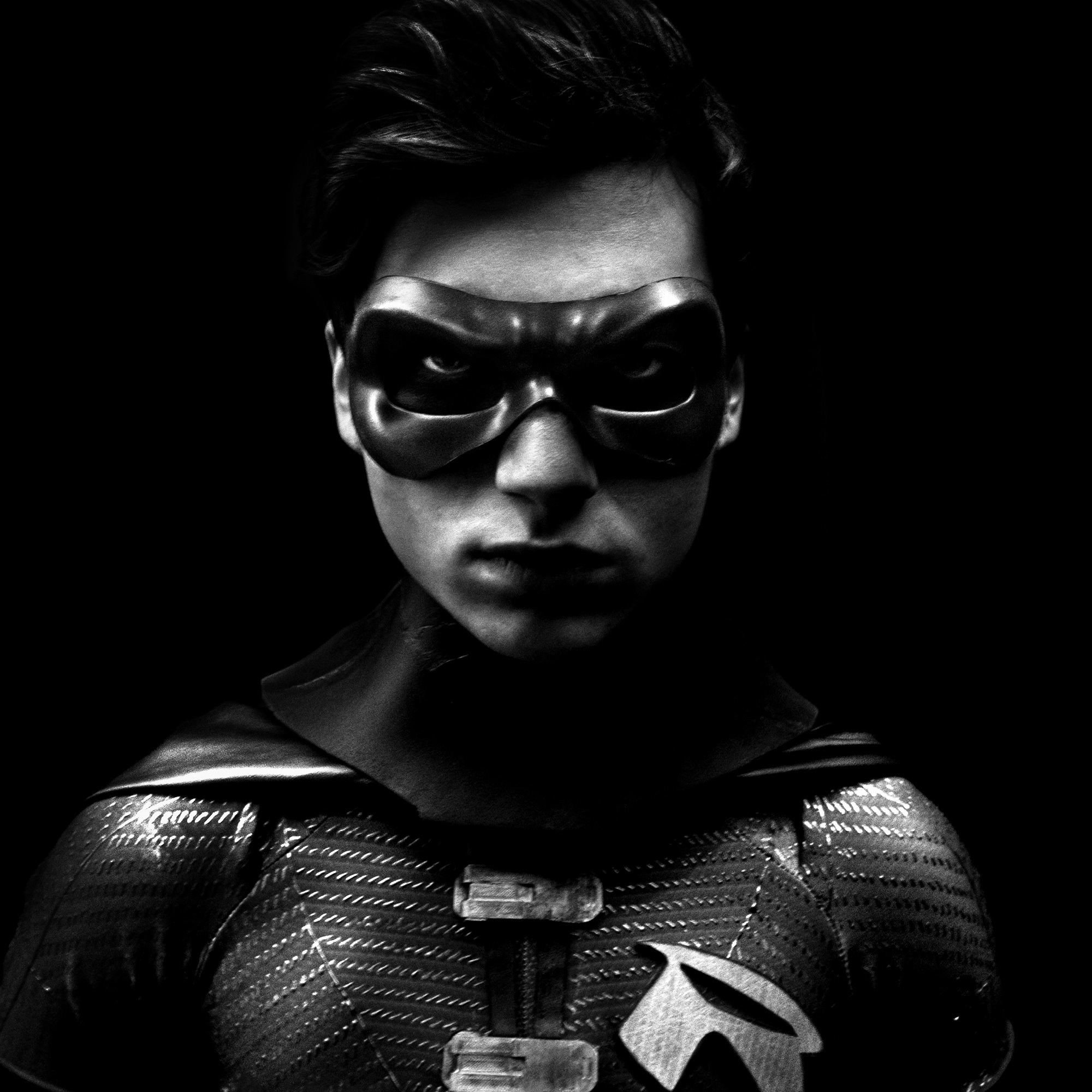 black and white cosplay portrait photography