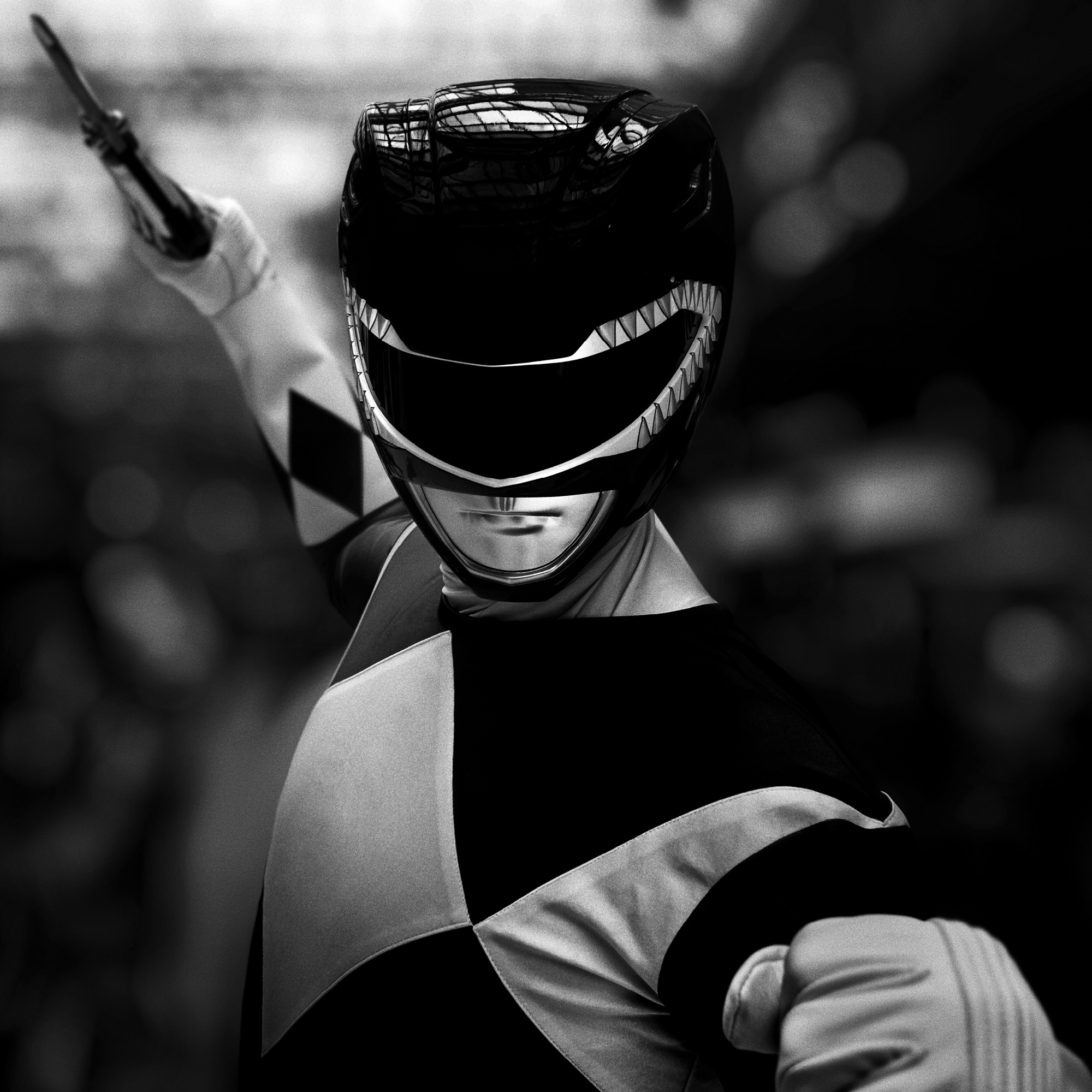 black and white cosplay portrait photography